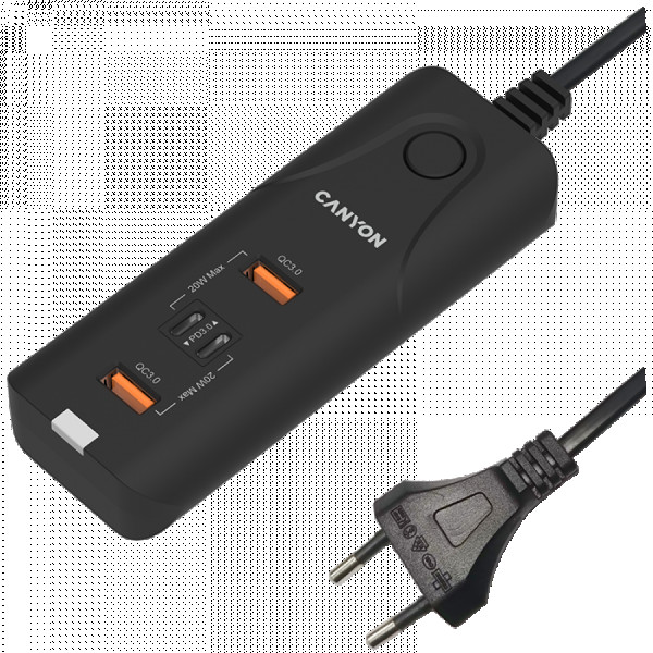 CANYON H-10, Wall charger. CNE-CHA10B Input: 100-240V~5060Hz 1.0A Max Output1Output2: DC USB-A QC3.0 5.0V3.0A,9.0V2.0A,12.0V1.5A 18.0W(Max)