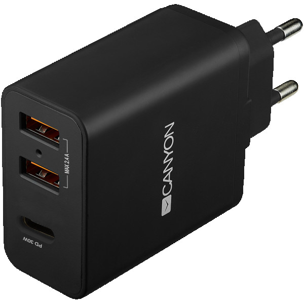 CANYON H-08 Universal 3xUSB AC charger (in wall) with over-voltage protection(1 USB-C with PD Quick Charger), Input 100V-240V, Output USB-A