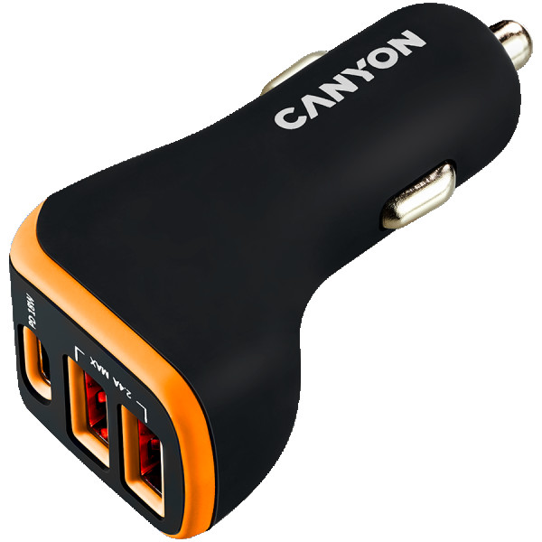 CANYON C-08, Universal 3xUSB car adapter, Input 12V-24V, Output DC USB-A 5V2.4A(Max) + Type-C PD 18W, with Smart IC, Black+Orange with rubb