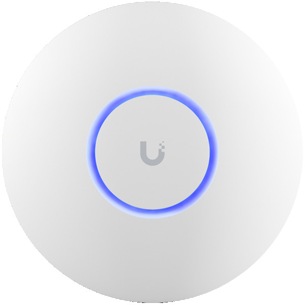 Ubiquiti U6+ access point. WiFi 6 model with throughput rate of 573.5 Mbps at 2.4 GHz and 2402 Mbps at 5 GHz. No POE injector included. UI 