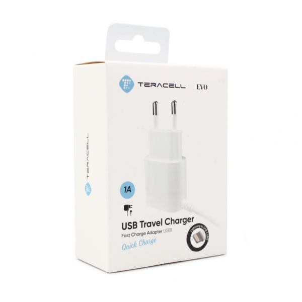 Kucni punjac Teracell Evo USB1 1A sa iPhone lightning kablom beli