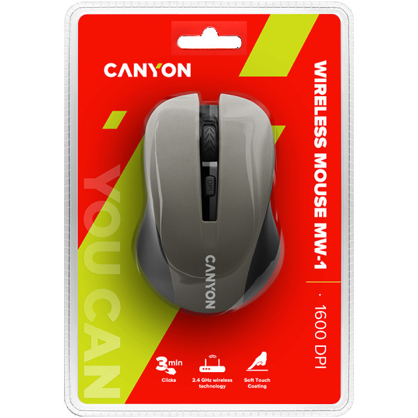 CANYON MW-1 2.4GHz wireless optical Miš with 4 buttons, DPI 80012001600, Gray, 103.5*69.5*35mm, 0.06kg ( CNE-CMSW1G )