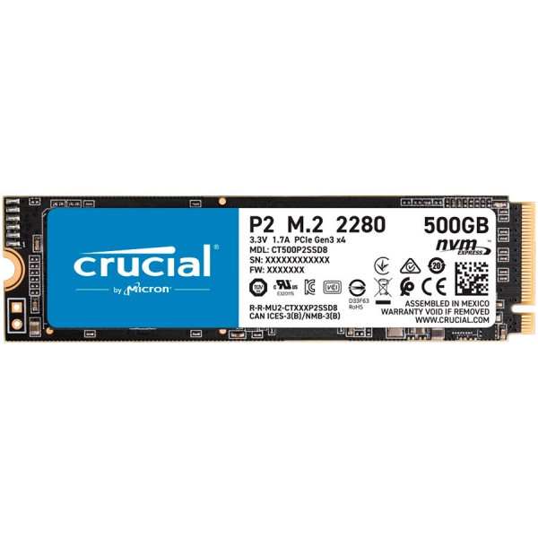 CRUCIAL P2 500GB SSD, M.2 2280, PCIe Gen3 x4, ReadWrite: 2300940 MBs, Random ReadWrite IOPS: 95K215K ( CT500P2SSD8 )