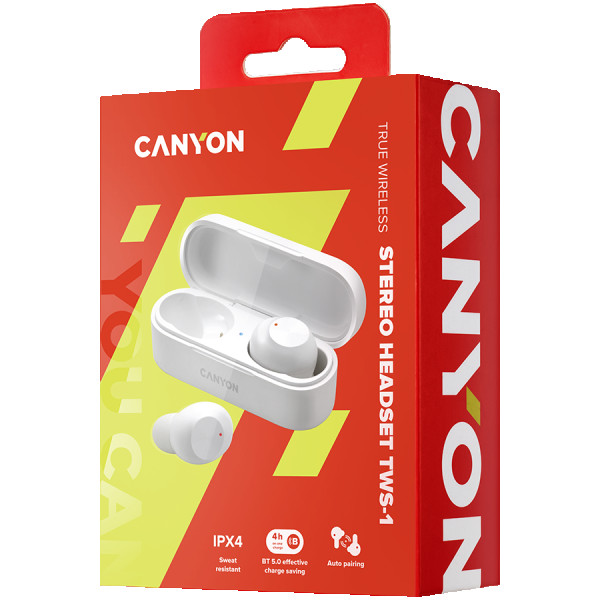 CANYON TWS-1 Bluetooth headset, with microphone, BT V5.0, Bluetrum AB5376A2, battery EarBud 45mAh*2+Charging Case 300mAh, cable length 0.3m