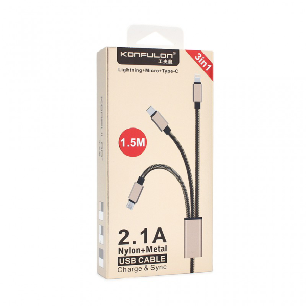 Data kabl KONFULON KFL-S46 3u1 iPhone lightning/Micro/Type C zlatni 1.5m
