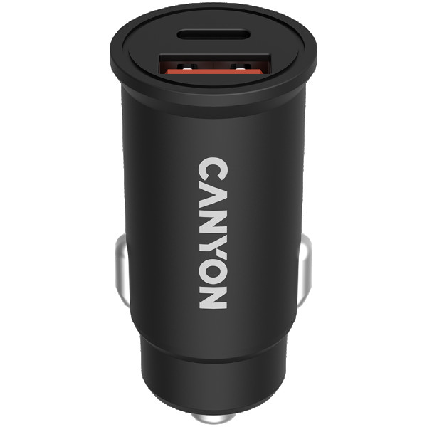 CANYON  PD 30WQC3.0 18W Pocket size car charger with 1-USB A+ 1-USB-C Input: DC12V-24V, Output: USBC: PD30W( 5V3A9V3A12V2.5A15V2A20V1.5A),U